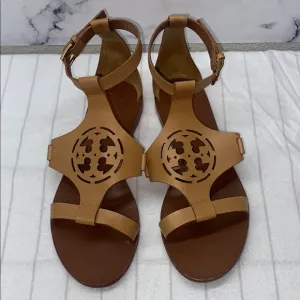 TORY BURCH Claire Capri Logo THONG Wedge LEATHER Sandals 7 Tan Fabulous Brown