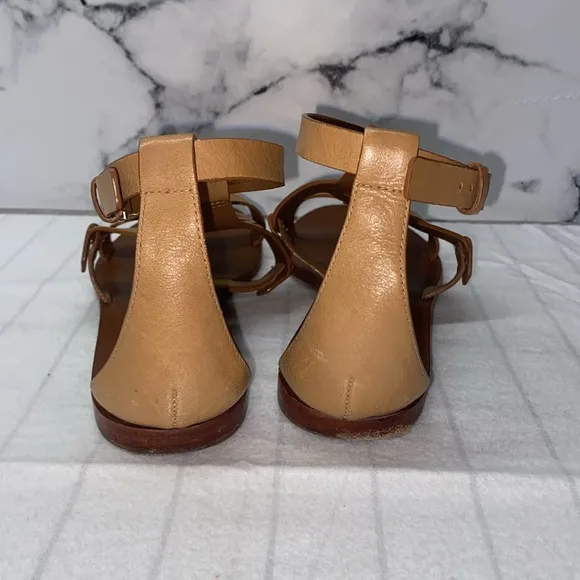 TORY BURCH Claire Capri Logo THONG Wedge LEATHER Sandals 7 Tan Fabulous Brown