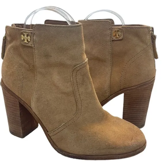 TORY BURCH Kira Size 6.5 Heeled Ankle Boots Tan Suede