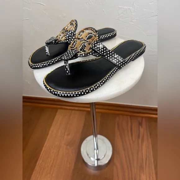 TORY BURCH Miller Leather Sandal Thong Shoe Polka Dot Gold Black White Logo