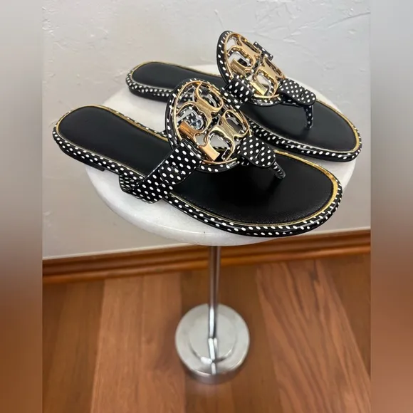 TORY BURCH Miller Leather Sandal Thong Shoe Polka Dot Gold Black White Logo