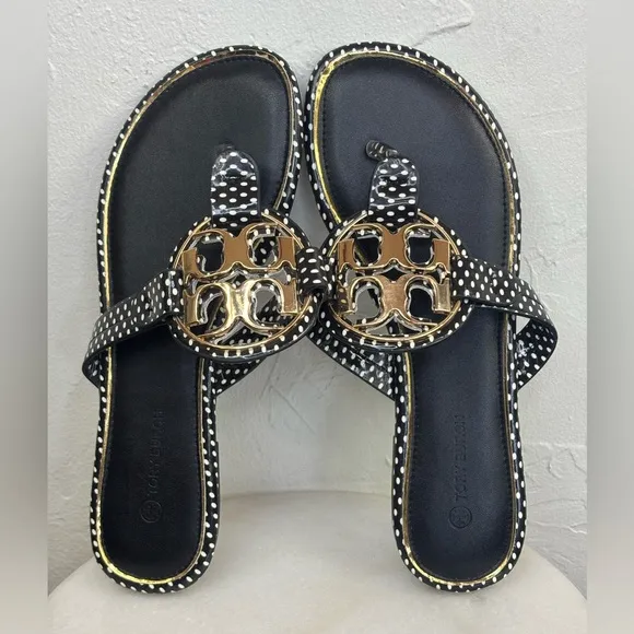 TORY BURCH Miller Leather Sandal Thong Shoe Polka Dot Gold Black White Logo