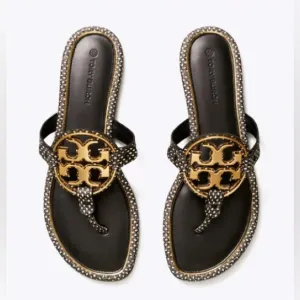 TORY BURCH Miller Leather Sandal Thong Shoe Polka Dot Gold Black White Logo