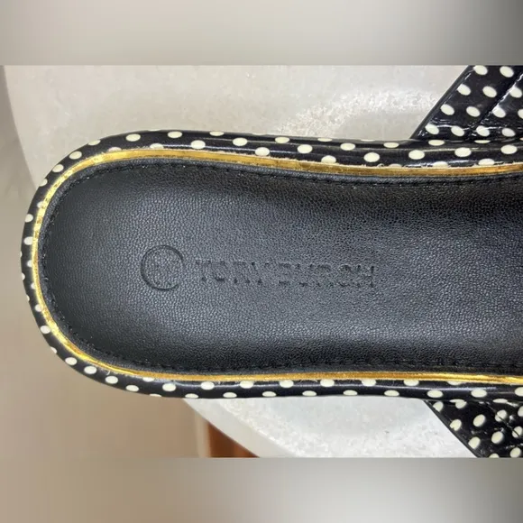 TORY BURCH Miller Leather Sandal Thong Shoe Polka Dot Gold Black White Logo