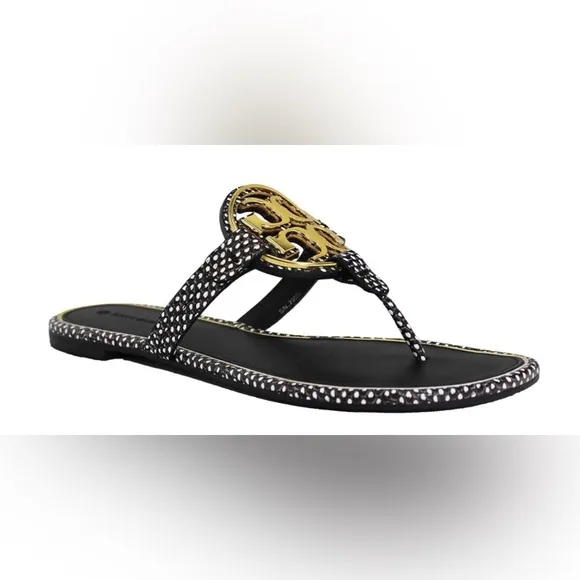 TORY BURCH Miller Leather Sandal Thong Shoe Polka Dot Gold Black White Logo
