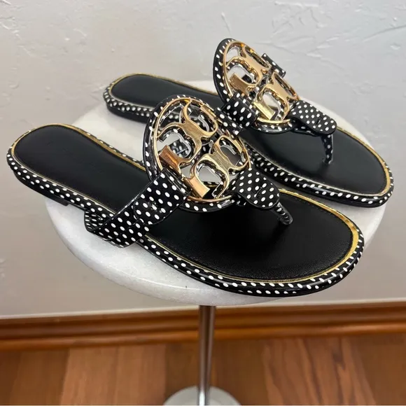 TORY BURCH Miller Leather Sandal Thong Shoe Polka Dot Gold Black White Logo