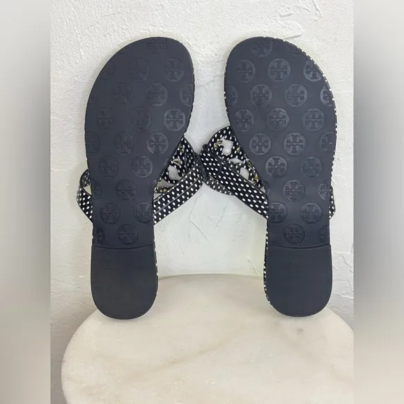 TORY BURCH Miller Leather Sandal Thong Shoe Polka Dot Gold Black White Logo