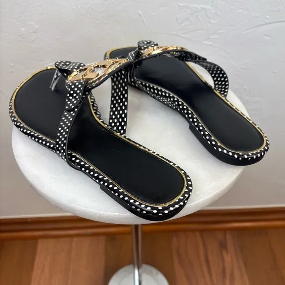 TORY BURCH Miller Leather Sandal Thong Shoe Polka Dot Gold Black White Logo