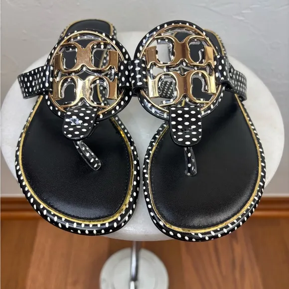 TORY BURCH Miller Leather Sandal Thong Shoe Polka Dot Gold Black White Logo
