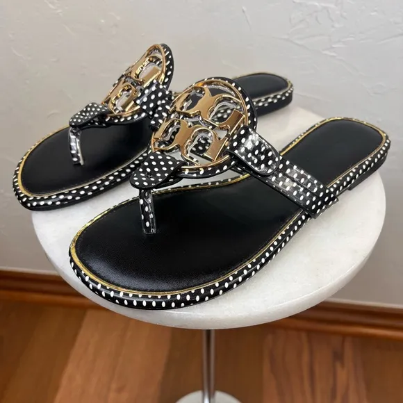 TORY BURCH Miller Leather Sandal Thong Shoe Polka Dot Gold Black White Logo