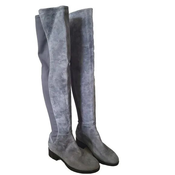 Tory Burch OTK Boots Caitlin Gray Suede Over-the-Knee Stretch Back Logo 6.5 New