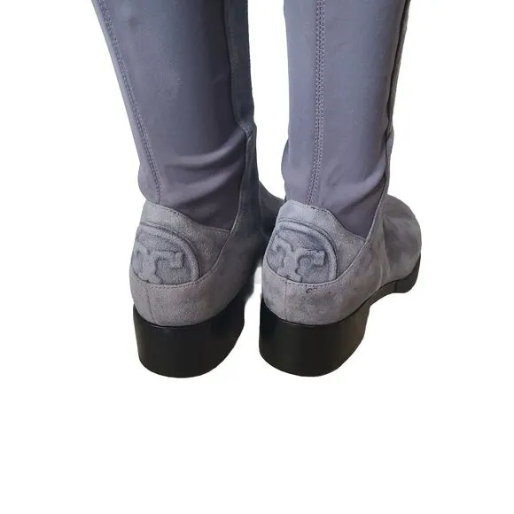 Tory Burch OTK Boots Caitlin Gray Suede Over-the-Knee Stretch Back Logo 6.5 New