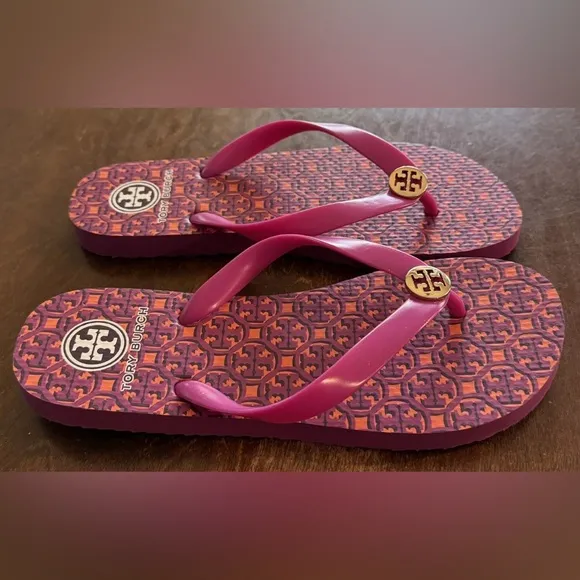 Tory Burch Party Fuschia Flip Flops Designer Sandals Shoes Beach Womens Size 8