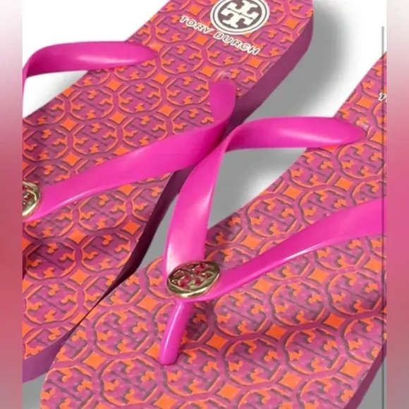 Tory Burch Party Fuschia Flip Flops Designer Sandals Shoes Beach Womens Size 8