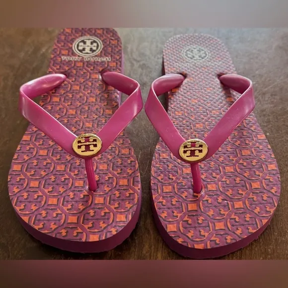 Tory Burch Party Fuschia Flip Flops Designer Sandals Shoes Beach Womens Size 8