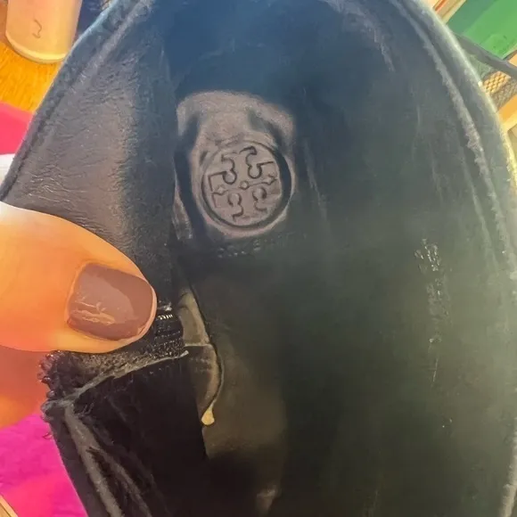 TORY BURCH Patricia Black suede 3inch booties with gold tory logo size 7.5