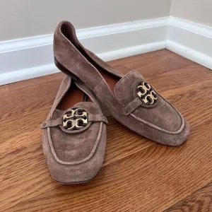 Tory Burch Suede Loafers Gold Logo Slip On Comfort Shoes Size 8M