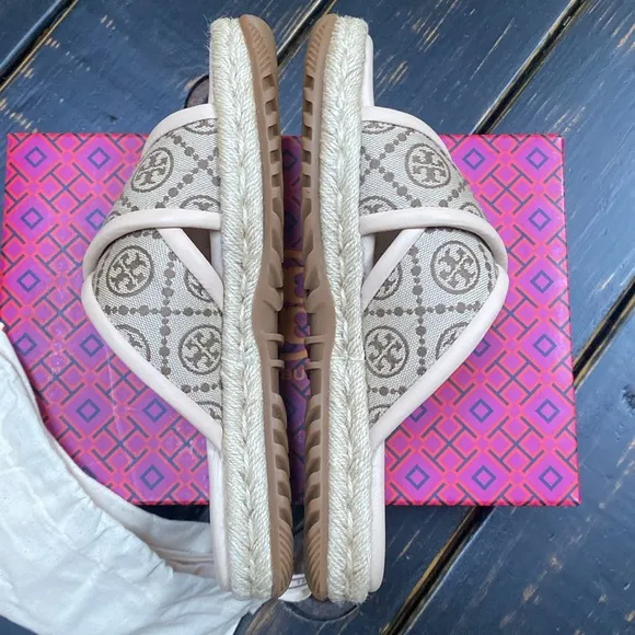 TORY BURCH T MONOGRAM JACQUARD LEATHER CRISSCROSS ESPADRILLE SLIDES SANDALS