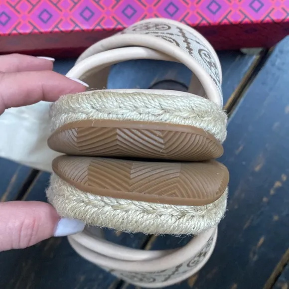 TORY BURCH T MONOGRAM JACQUARD LEATHER CRISSCROSS ESPADRILLE SLIDES SANDALS