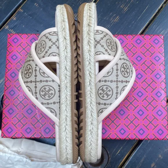 TORY BURCH T MONOGRAM JACQUARD LEATHER CRISSCROSS ESPADRILLE SLIDES SANDALS