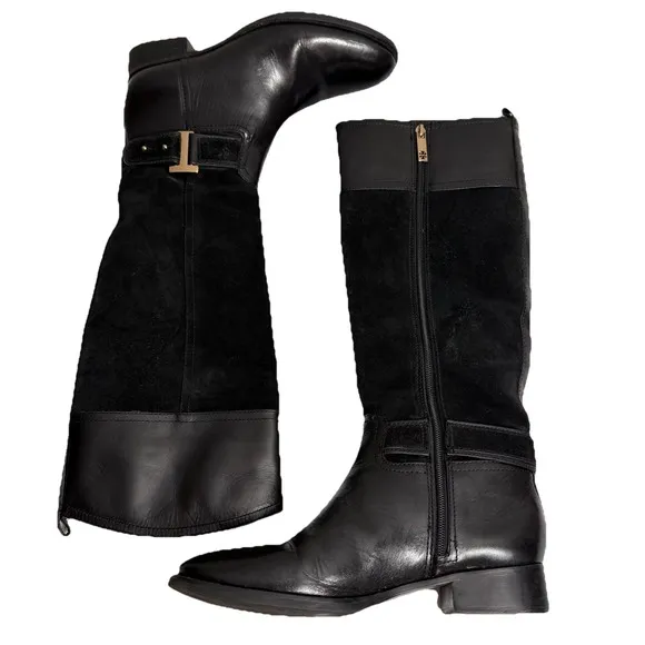 TORY BURCH TENLEY Boots Women's Sz 9 Black Leather Suede Combo $495 MSRP
