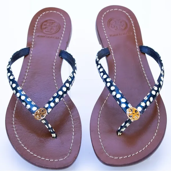 Tory Burch Terra Leather Patent Flat Thong Sandals Nautical Dots Women’s Size 6