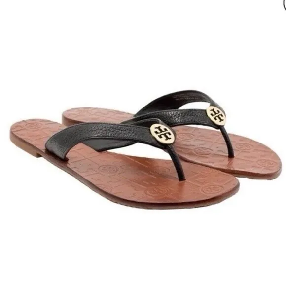 Tory Burch Thora Leather Metal Logo Sandals 8