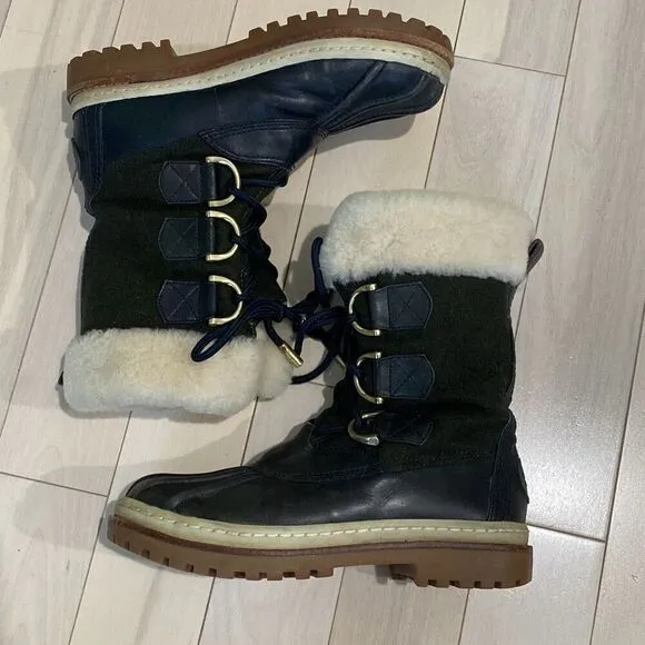 Tory Burch Women's Shearling Duck Rain Lace Up Waterproof Boots Black Size 7