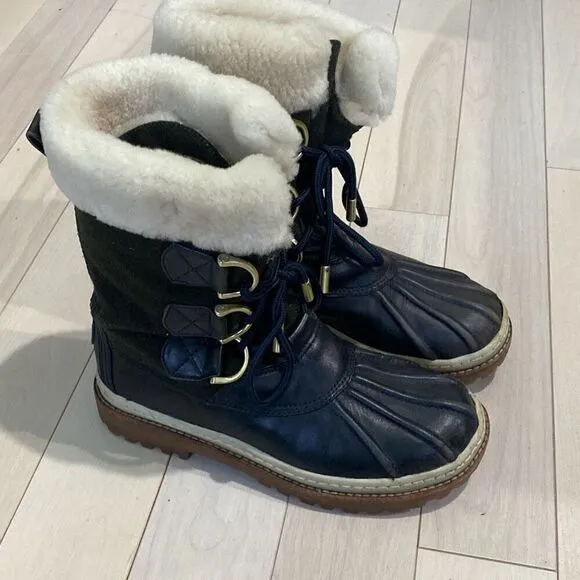 Tory Burch Women's Shearling Duck Rain Lace Up Waterproof Boots Black Size 7