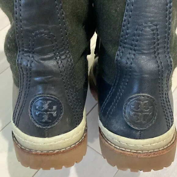 Tory Burch Women's Shearling Duck Rain Lace Up Waterproof Boots Black Size 7
