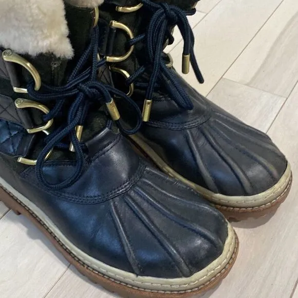 Tory Burch Women's Shearling Duck Rain Lace Up Waterproof Boots Black Size 7