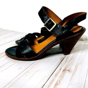 Trask Black Leather Strappy Heeled Sandals