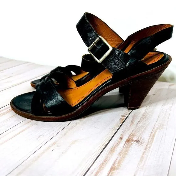 Trask Black Leather Strappy Heeled Sandals