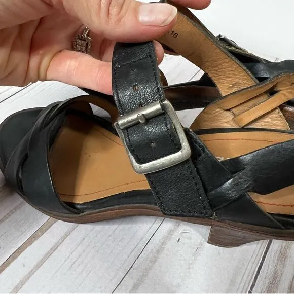 Trask Black Leather Strappy Heeled Sandals