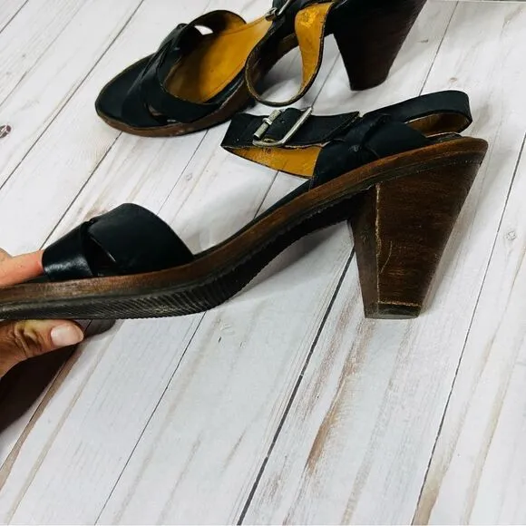 Trask Black Leather Strappy Heeled Sandals