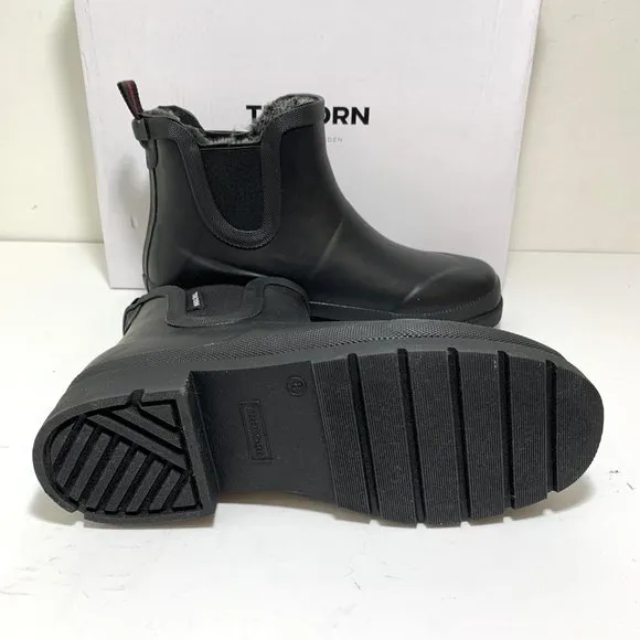 Tretorn Lara Lined Chelsea Rain Boots Faux Fur Booties Black Size 8 NEW