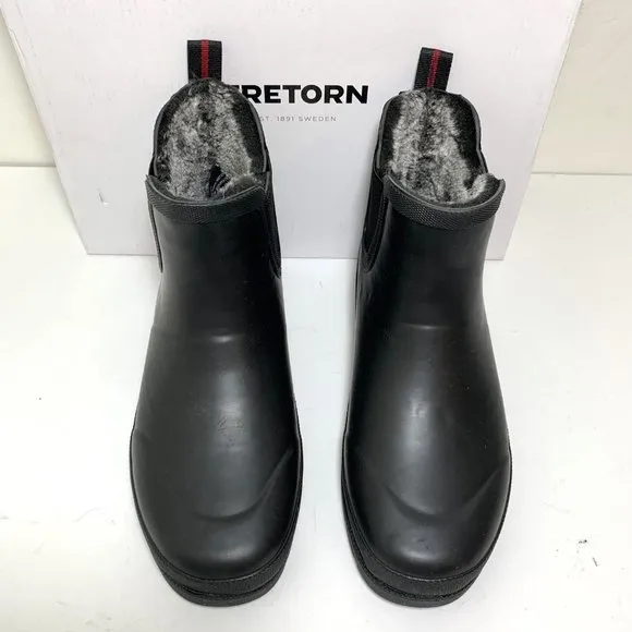 Tretorn Lara Lined Chelsea Rain Boots Faux Fur Booties Black Size 8 NEW