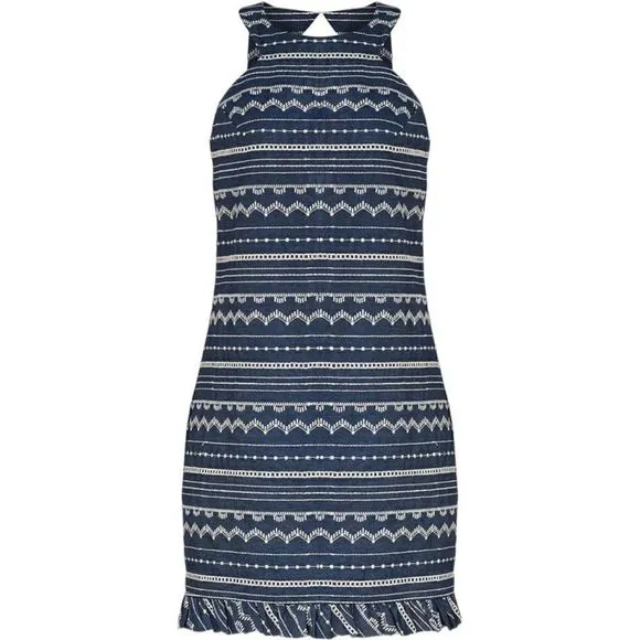 Trina Turk Embroidered Sleeveless Shift Dress Denim Chambray Beach Vacation 6