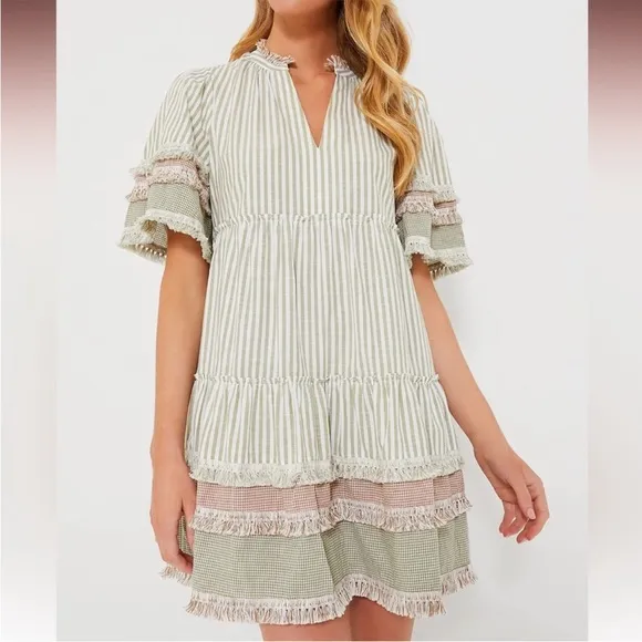 Tuckernuck Crawford Cotswold Stripe Dress Tiered Midi with Fringe Trim XL