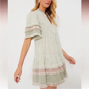 Tuckernuck Crawford Cotswold Stripe Dress Tiered Midi with Fringe Trim XL