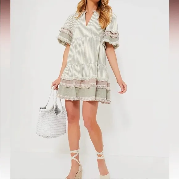 Tuckernuck Crawford Cotswold Stripe Dress Tiered Midi with Fringe Trim XL