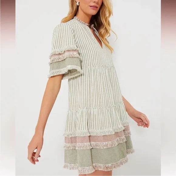 Tuckernuck Crawford Cotswold Stripe Dress Tiered Midi with Fringe Trim XL