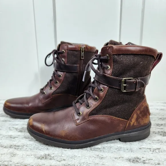 UGG &quot;Kesey&quot; Waterproof Leather Knit Combat Boot Chestnut Brown, Women's Size 9.5