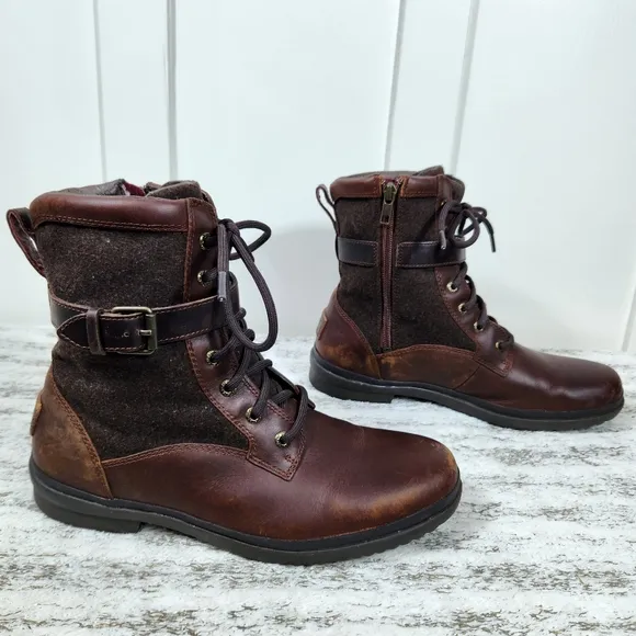 UGG &quot;Kesey&quot; Waterproof Leather Knit Combat Boot Chestnut Brown, Women's Size 9.5