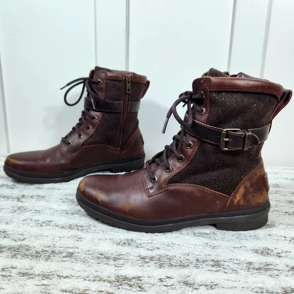 UGG &quot;Kesey&quot; Waterproof Leather Knit Combat Boot Chestnut Brown, Women's Size 9.5