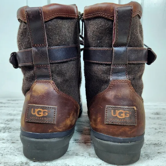 UGG &quot;Kesey&quot; Waterproof Leather Knit Combat Boot Chestnut Brown, Women's Size 9.5