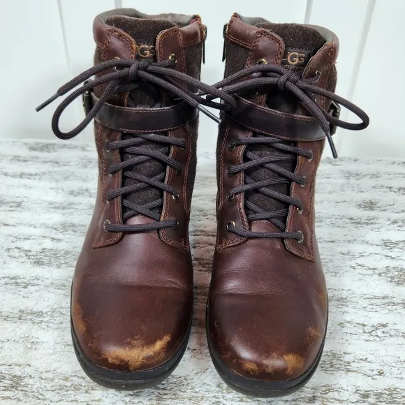 UGG &quot;Kesey&quot; Waterproof Leather Knit Combat Boot Chestnut Brown, Women's Size 9.5