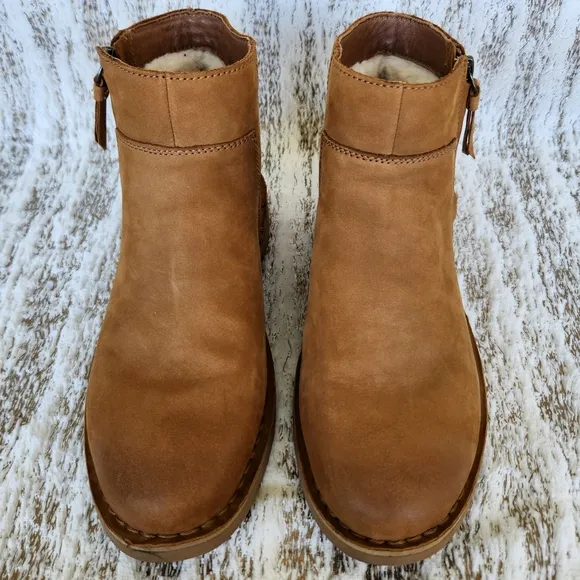 UGG &quot;Rea&quot; Chestnut Nubuck Leather Ankle Boots Shearling Wool | Women's Size 9