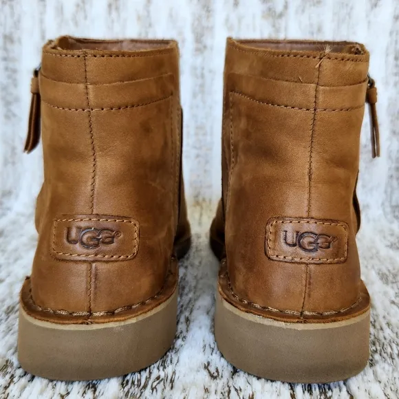 UGG &quot;Rea&quot; Chestnut Nubuck Leather Ankle Boots Shearling Wool | Women's Size 9