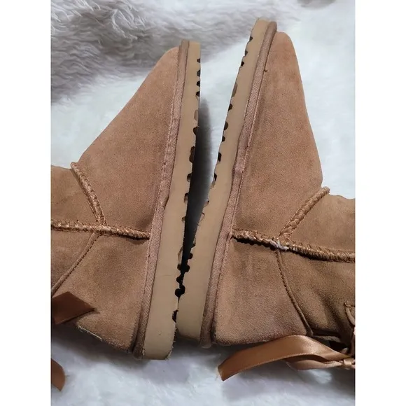 UGG Australia Girls Brown Faux Fur Boots With Ribbons F19010D sz 12